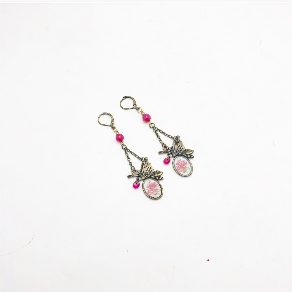 ARTISAN BOHO PINK GEMSTONE BUTTERFLY EARRINGS